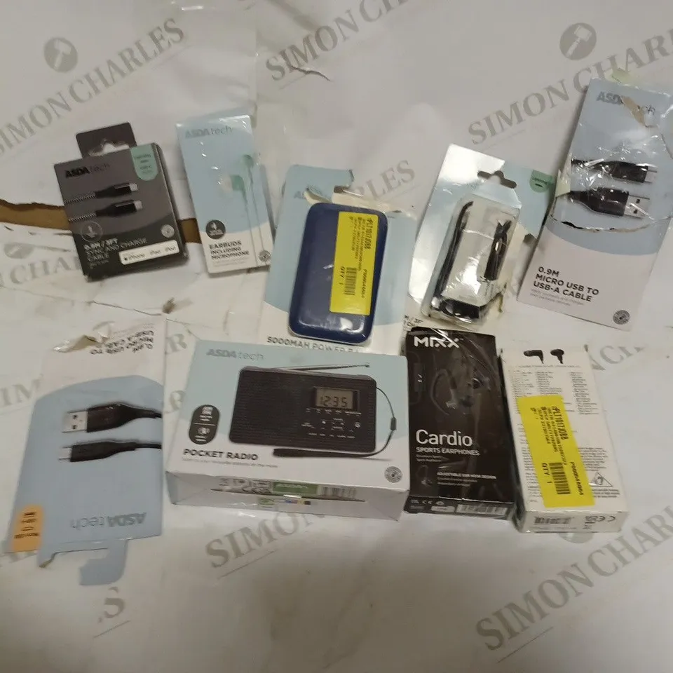 BOX OF ASSORTED ASDA ELECTRICALS INCLUDING - HEADPHONES, RADIO, TV REMOTE
