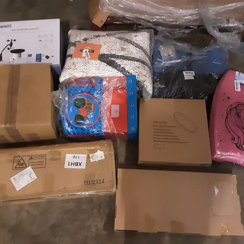 PALLET OF ASSORTED PRODUCTS INCLUDING VIPMOON LED CEILING LIGHT FIXTURES, ECOWITT WIFI WEATHER STATION, HARDBACK SLICK BODYBOARD, EARTH PAK