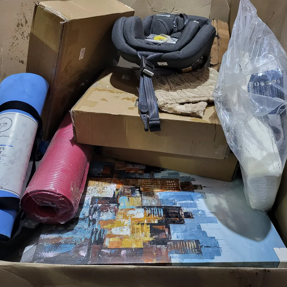 PALLET OF A LARGE NUMBER OF ASSORTED ITEMS TO INCLUDE CITYSCAPE LARGE PAINTING, KINDERKRAFT CHILD'S CAR SEAT, COMFORT MEMORY FOAM PILLOW, CHILDREN'S YOGA MAY, ETC