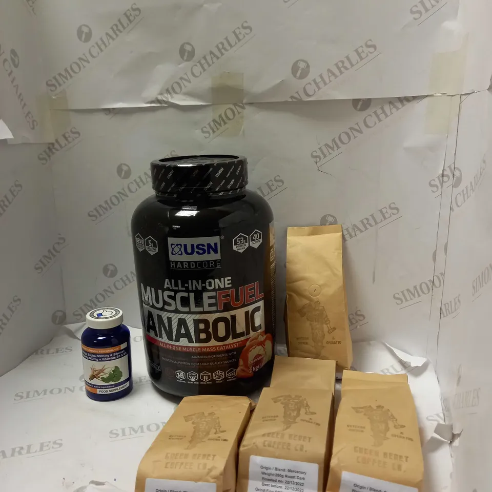 LOT OF ASSORTED FOOD AND DRINK ITEMS TO INCLUDE ALL-IN-ONE MUSCLE FUEL, ZIPVIT AND GREEN BERET COFFEE
