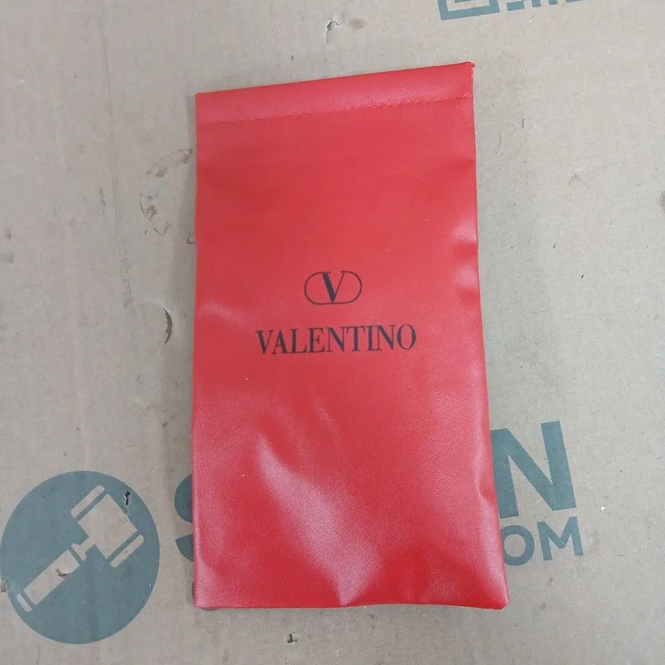 VALENTINO CLEAR-FRAME EYEGLASSES WITH BLUE TEMPLES; INCLUDES RED VALENTINO CASE