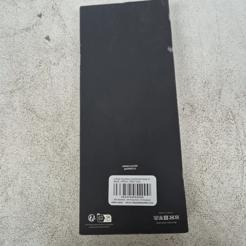 ARNE 3 PACK INVISIBLE CUSHIONED SOCKS – UK 6-9, BLACK/WHITE/MARL GREY
