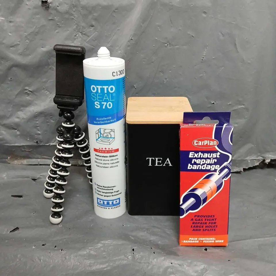 BOX OF APPROXIMATELY 15 ASSORTED ITEMS TO INCLUDE - TEA STORAGE , EXHAUST REPAIR BANDAGE , TRIPOD ETC