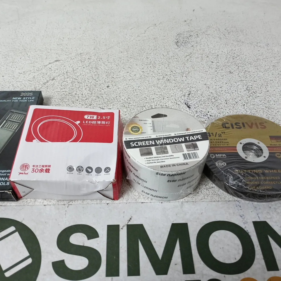 APPROXIMATELY 15 ASSORTED HOUSEHOLD PRODUCTS TO INCLUDE CUTTING WHEEL , HARDWARE TOOLS AND WINDOW TAPE