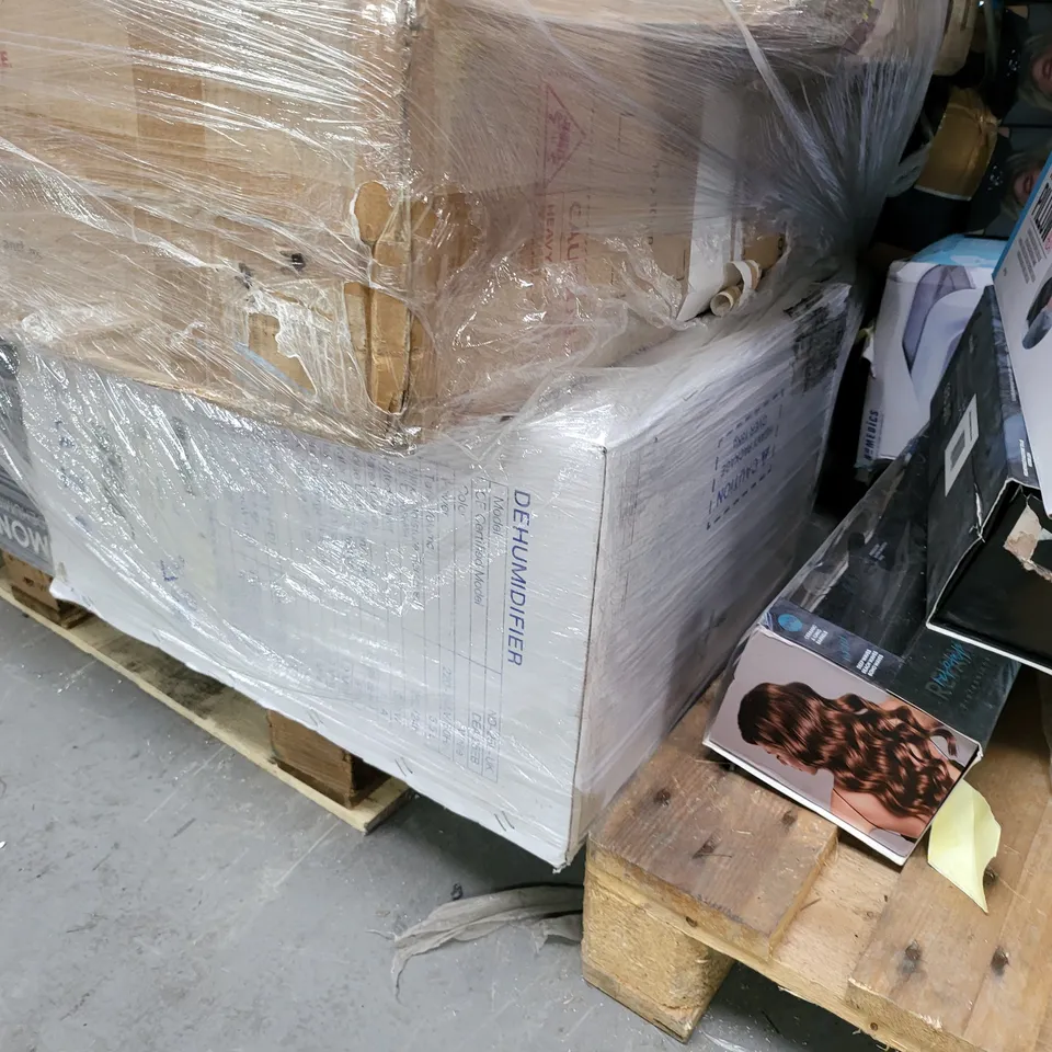 PALLET OF APPROXIMATELY 10 ASSORTED HOME, GARDEN AND COOLING ITEMS TO INCLUDE HEIGHT ADJUSTABLE STANDING DESK FRAME, 3X3M GAZEBO,  MONHOUSE DEHUMIDIFIER, HOMIDEC FLAT PACK DESK WITH STORAGE, ETC