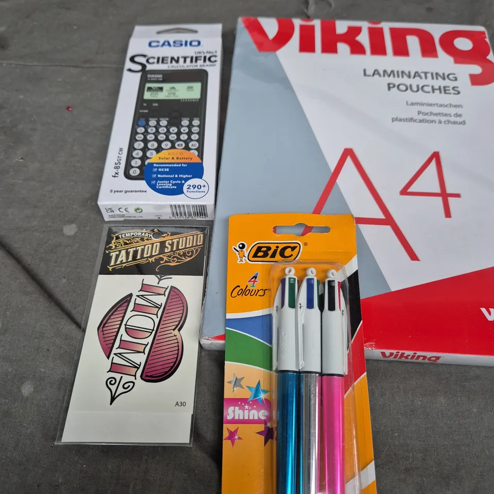 APPROXIMATELY 15 ASSORTED HOUSEHOLD ITEMS TO INCLUDE VIKING LAMINATING POUCHES, CASIO SCIENTIFIC CALCULATOR AND BIC 4 COLOUR PENS