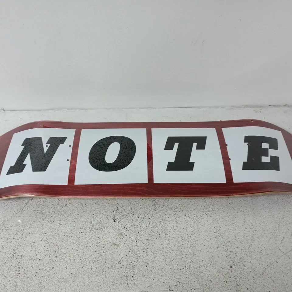 SKATEBOARD DECK WITH NOTE GRAPHIC – RED STAINED WOOD
