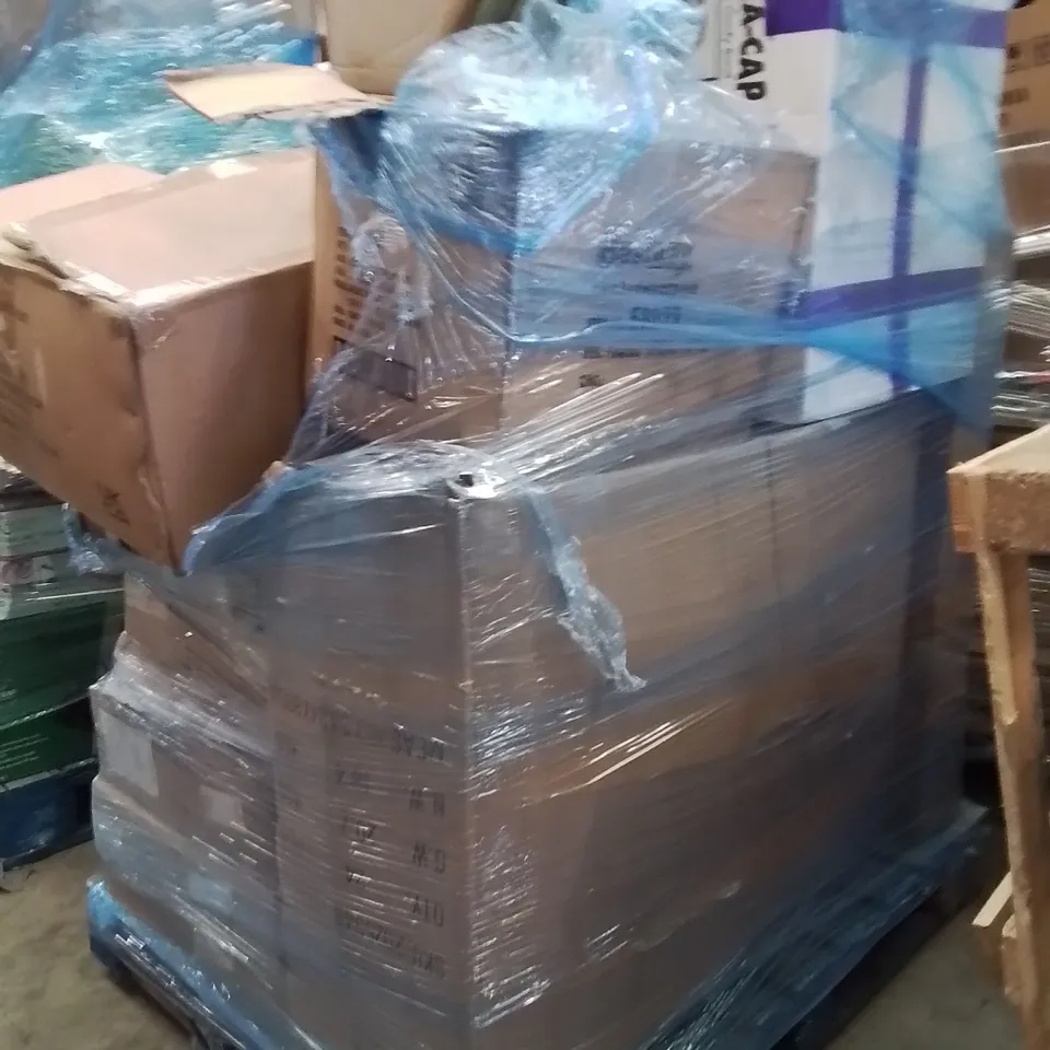 PALLET OF ASSORTED HOUSEHOLD GOODS AND PRODUCTS TO INCLUDE;VACUUM CLEANER,JACKET,SPANDEX HEAD BAND,GOTLAND WHITE METAL PARTS,DISCUS RACK