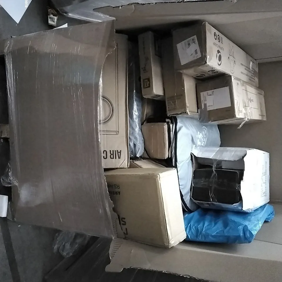 PALLET OF ASSORTED HOUSEHOLD ITEMS TO INCLUDE DOUBLE FOLDING CHAIR, BOXED AIR COOLER, BEACH TENTS AND TV WALL MOUNT
