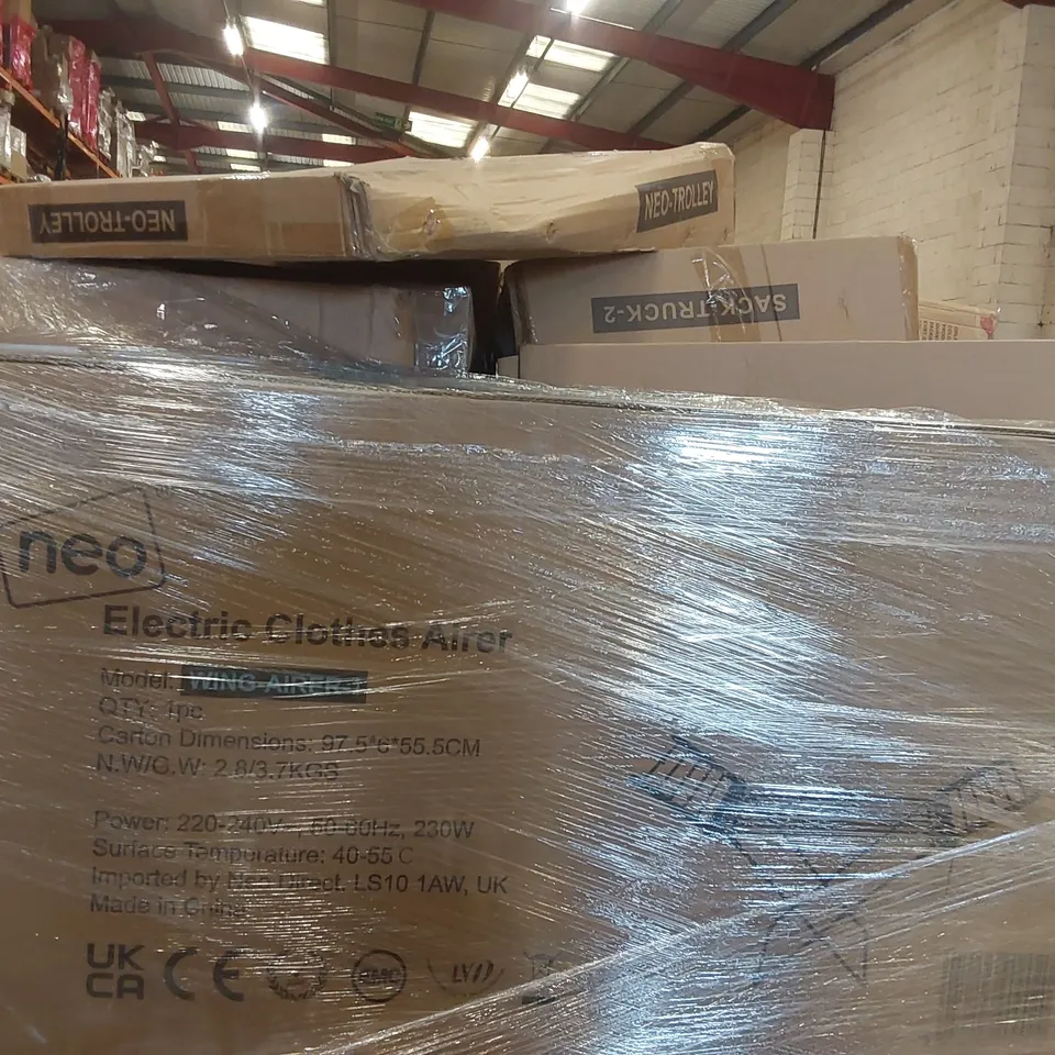 PALLET CONTAINING A LARGE QUANTITY OF ASSORTED NEO PRODUCTS INCLUDING: 4x 7FT ARTIFICIAL CHRISTMAS TREES, TROLLEY, DEHUMIDIFIER, ELECTRIC BLANKET, ELECTRIC CLOTHES AIRER, OFFICE CHAIR ECT