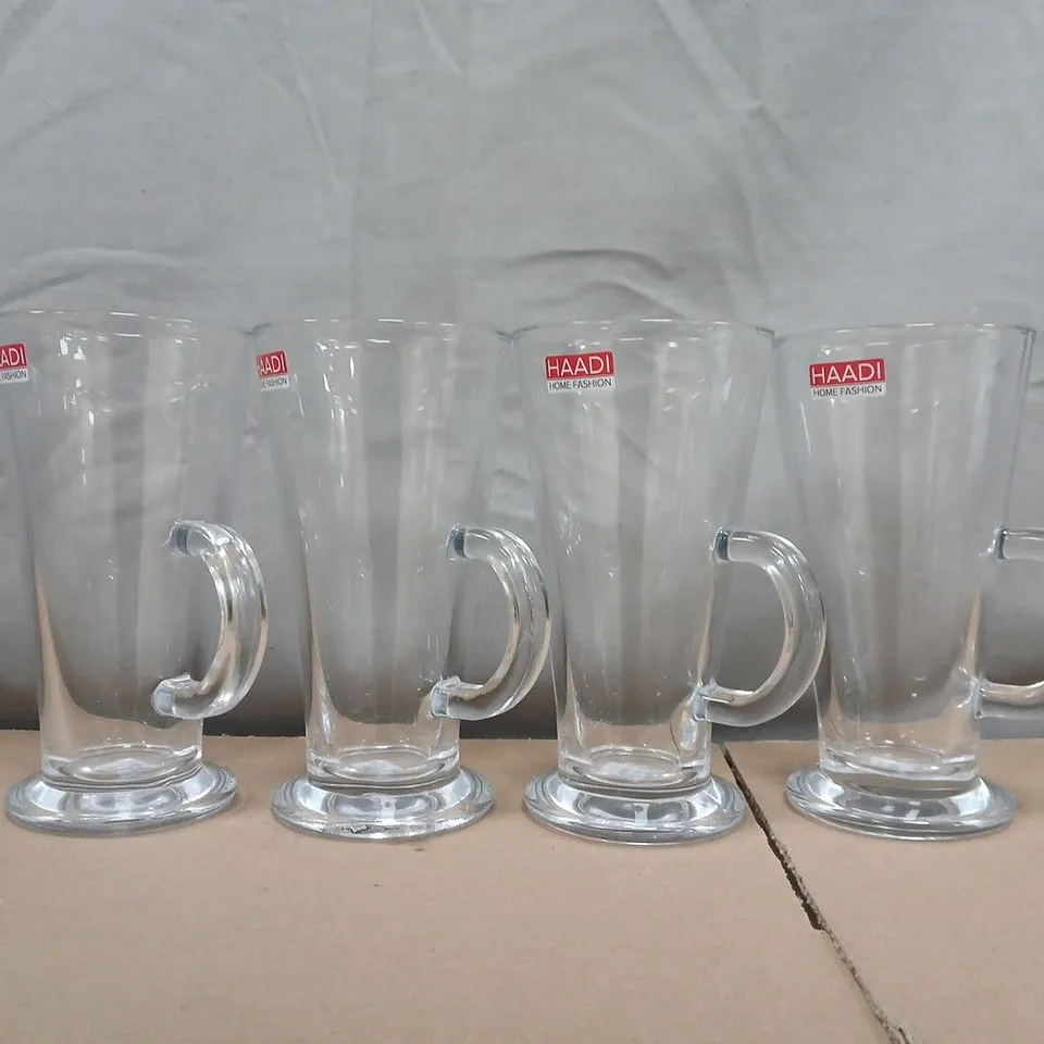 HAADI LATTE GLASSES - SET OF 4, 270 ML CLEAR GLASS MUGS WITH HANDLES