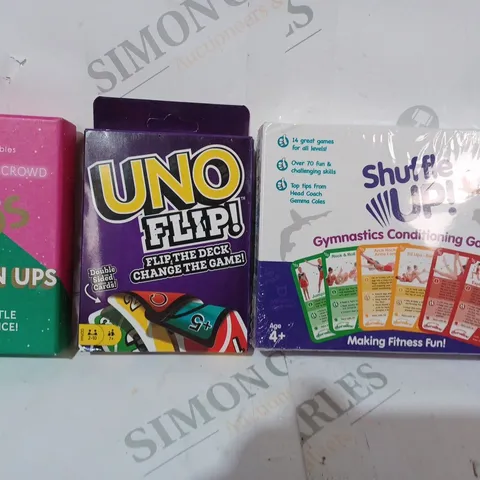 APPROXIMATELY 10 ASSORTED TOYS AND GAMES TO INCLUDE SHUFFLE UP GYMNASTICS CONDITIONING GAME, UNO FLIP, KIDS VS GROWN UPS, ETC