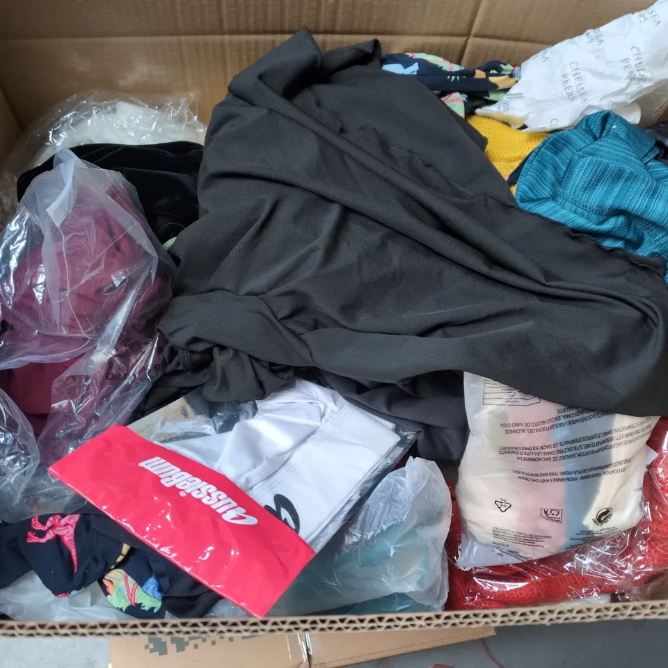 LARGE BOX OF APPROXIMATELY 25 ASSORTED CLOTHING ITEMS IN VARIOUS COLOURS, STYLES AND SIZES - COLLECTION ONLY