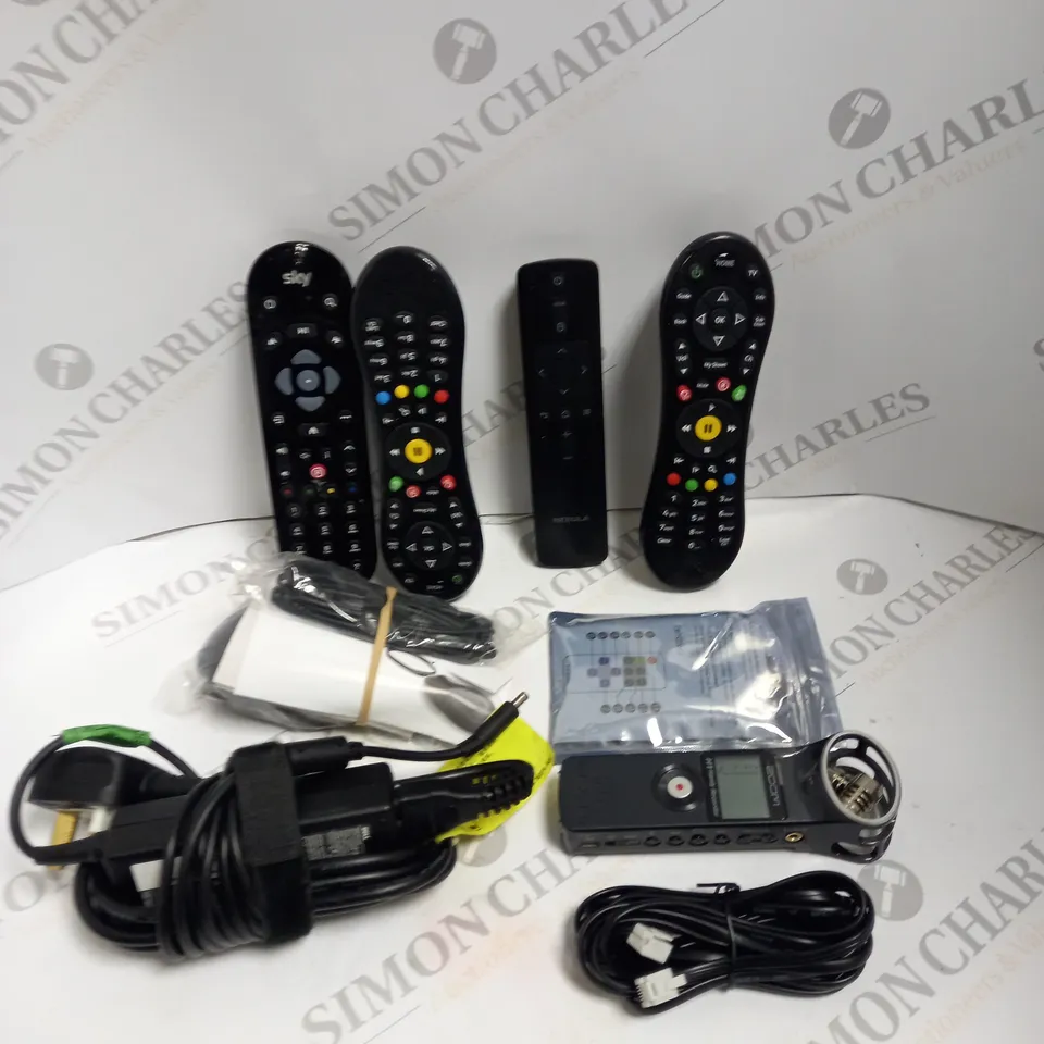 BOX TO CONTAIN APPROX. 15 X ASSORTED TECH PRODUCTS. INCLUDES REMOTES, COMPUTER MOUSE, POWER CABLES ETC 