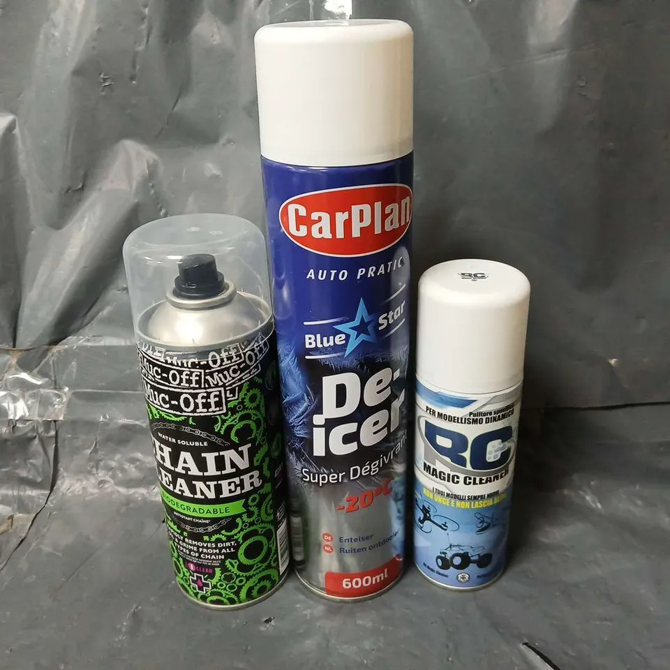 APPROXIMATELY 8 ASSORTED AEROSOLS TO INCLUDE CAR PLAN DE-ICER (600ml), RC MAGIC CLEANER (200ml), MUC OFF CHAIN CLEANER (400ml), ETC - COLLECTION ONLY