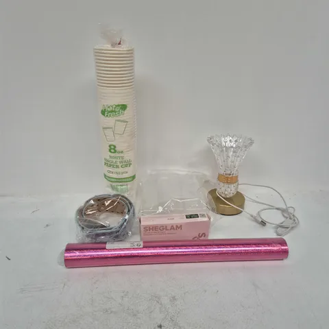 APPROXIMATELY 20 ASSORTED HOUSEHOLD PRODUCTS TO INCLUDE SHEGLAM BROW HOLD, PAPER CUPS, LIGHT, ETC - COLLECTION ONLY