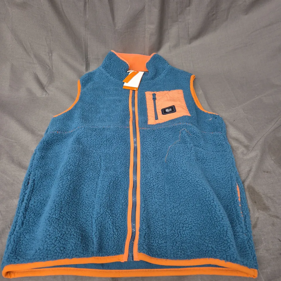 HARPER & LEWIS DAKOTA FULL ZIP SHERPA GILET IN BLUE/ORANGE SIZE XS