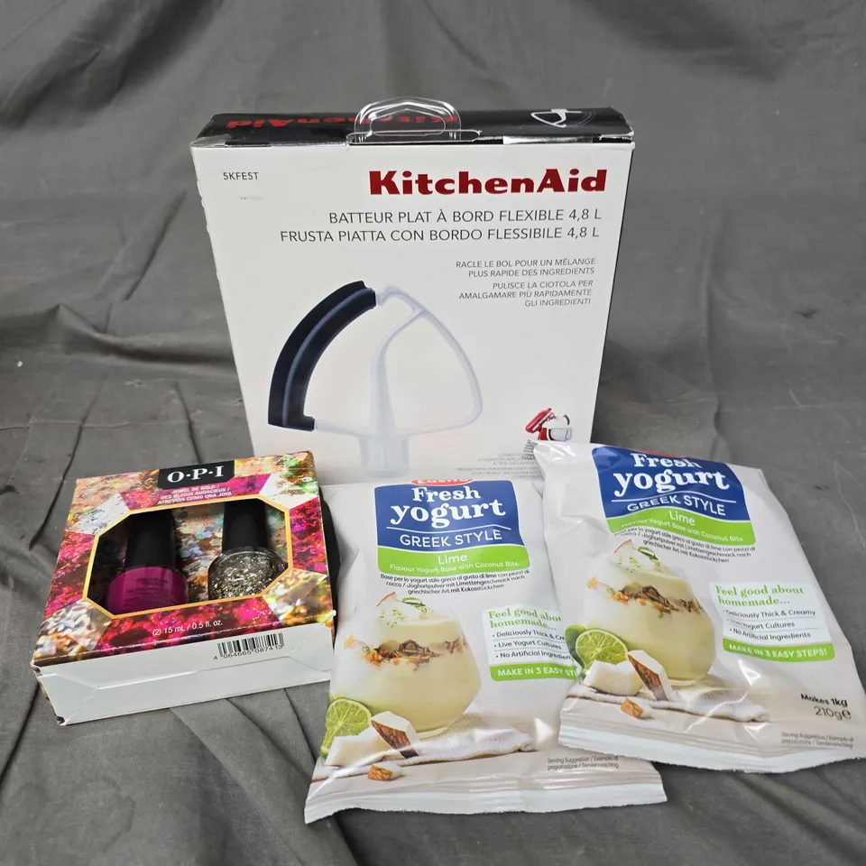 APPROXIMATELY 10 ASSORTED HOMEWARE/BEAUTY PRODUCTS TO INCLUDE KITCHEN AID FLEX BEATER, OPI NAIL POLISH, GREEK YOGURT MIX ETC 