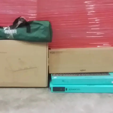PALLET OF ASSORTED HOUSEHOLD GOODS AND PRODUCTS TO INCLUDE;MULTIPLE LOGITECH KEYBOARDS,MONITOR AND LAPTOP STAND,ROUNDERS BAT