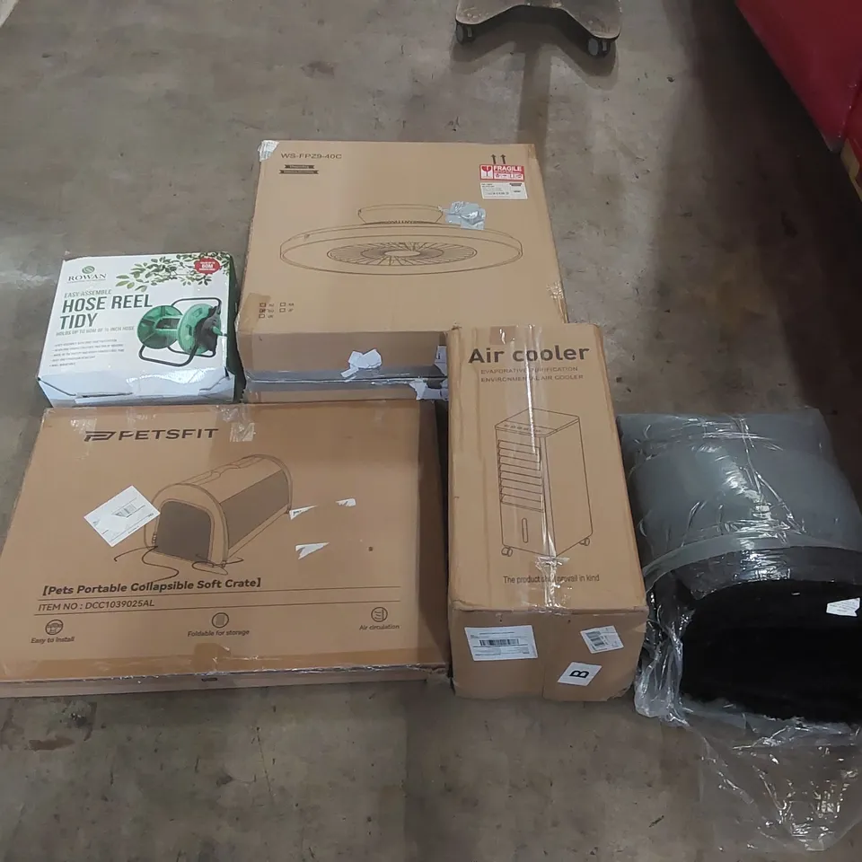 PALLET OF ASSORTED ITEMS INCLUDING: AIR COOLER, CEILING FAN LIGHT, PET SOFT CRATE, RUG, HOSE REEL ECT