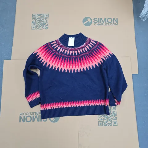 WHITE STUFF NAVY KNIT JUMPER WITH PINK YOKE PATTERN, UK 18