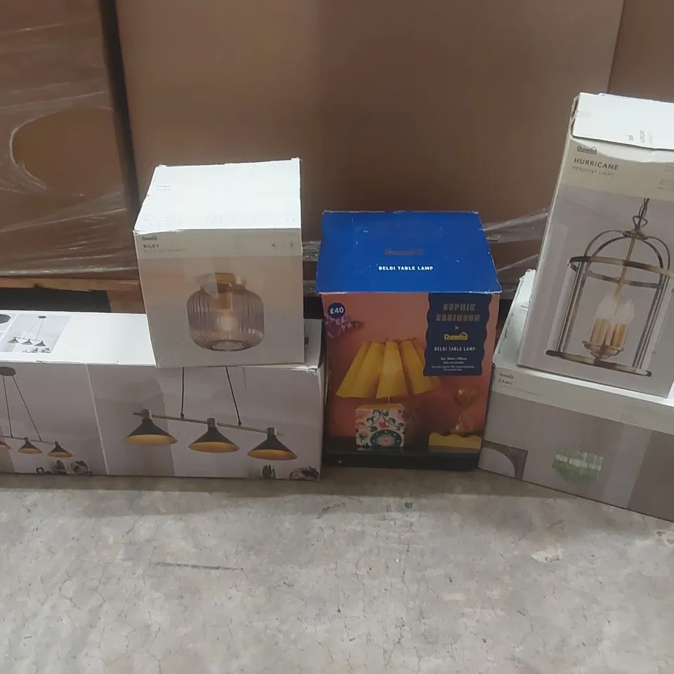 PALLET CONTAINING A VERY LARGE QUANTITY OF ASSORTED DESIGNER LIGHTING PRODUCTS INCLUDING: HURRICANE PENDANT LIGHT, ESME CHANDELIER PENDANT, BELDI TABLE LAMP ECT