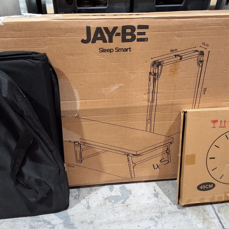 PALLET OF ASSORTED HOUSEHOLD ITEMS TO INCLUDE JAY-BE FOLDING BED, STORAGE TUBS AND VIBRATION PAD
