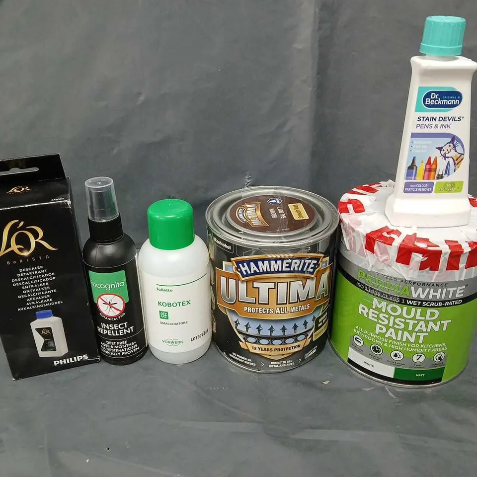 TOTE OF ASSORTED HOUSEHOLD ITEMS TO INCLUDE DESCALER, INSECT REPELLENT AND ULTIMA