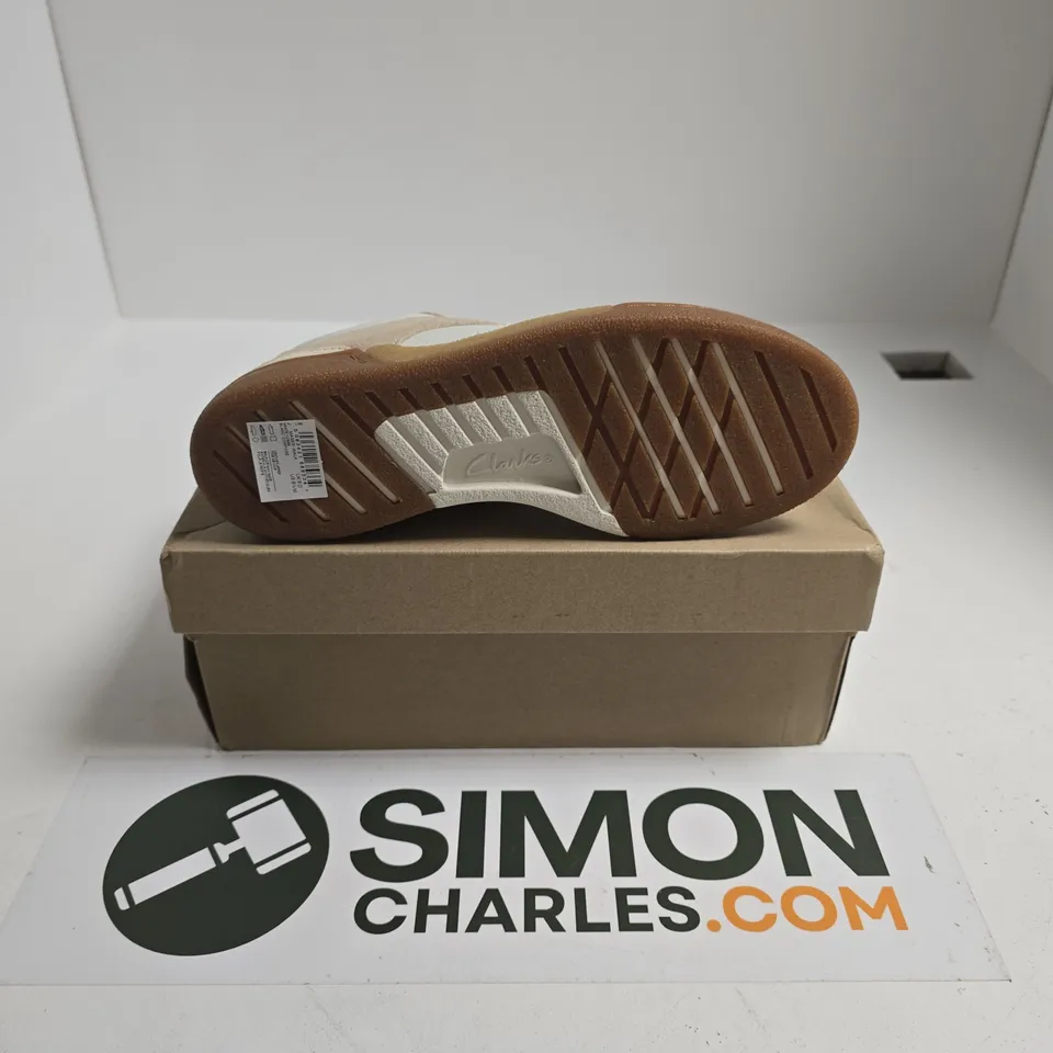 BOXED PAIR OF CLARKS MASERI WALK TRAINERS IN WHITE COMBI - UK 6