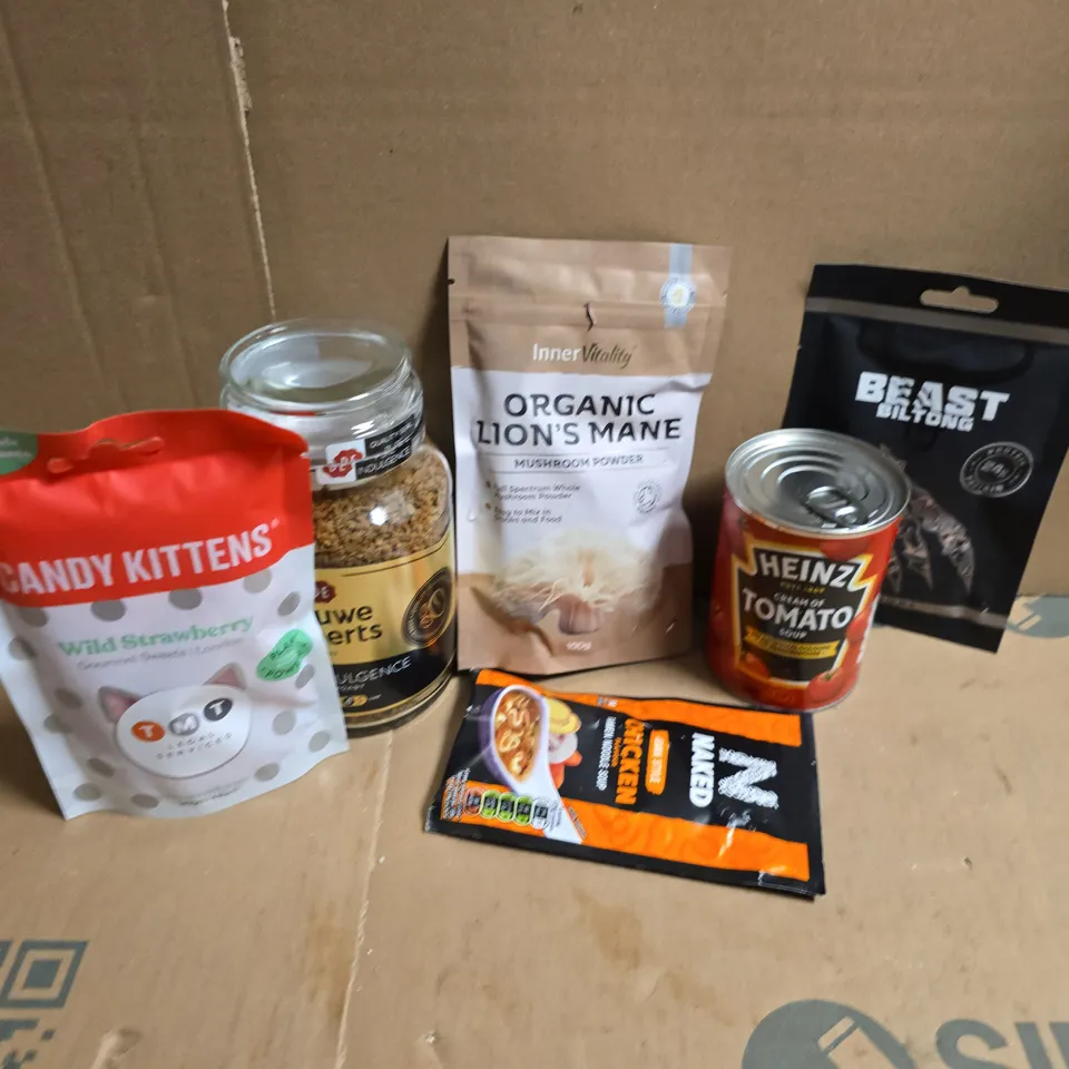 APPROXIMATELY 14 ASSORTED FOOD & DRINK ITEMS TO INCLUDE BEAST BILTONG, ORGANIC LIONS MANE, HEINZ TOMATO SAUCE, ETC - COLLECTION ONLY