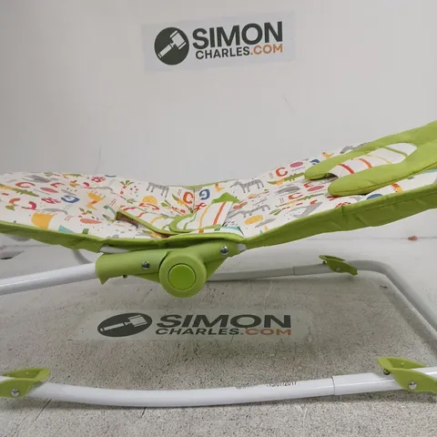 MOTHERCARE BABY BOUNCER / ROCKER – GREEN FRAME, PATTERNED CUSHION