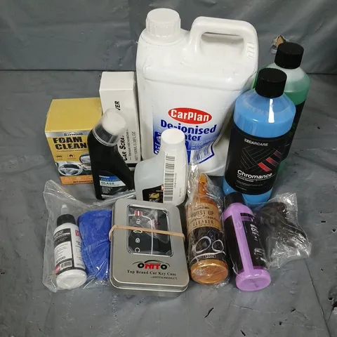 APPROXIMATELY 10 ASSORTED CAR ACCESSORIES TO INCLUDE EZCARCARE CHROMANCE HYBRID DETAILER, CARPLAN DE-IONISED WATER, FOAM CLEANER - ETC - COLLECTION ONLY