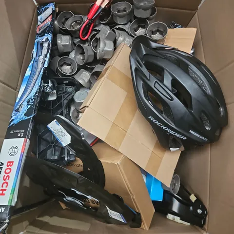 BOX OF ASSORTED CAR ITEMS TO INCLUDE TOOL'S - BOLTS HELMETS 