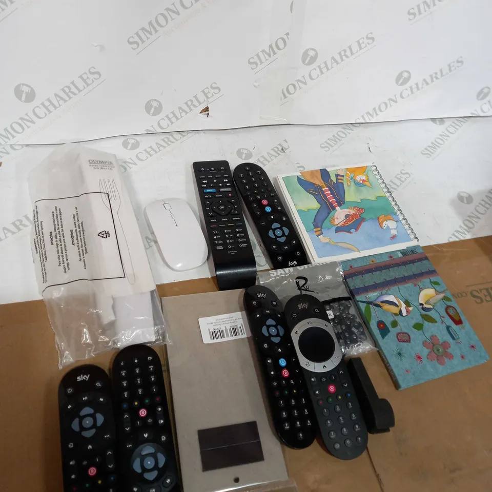 BOX OF ASSORTED HOUSEHOLD ITEMS TOO INCLUDE TV REMOTES 