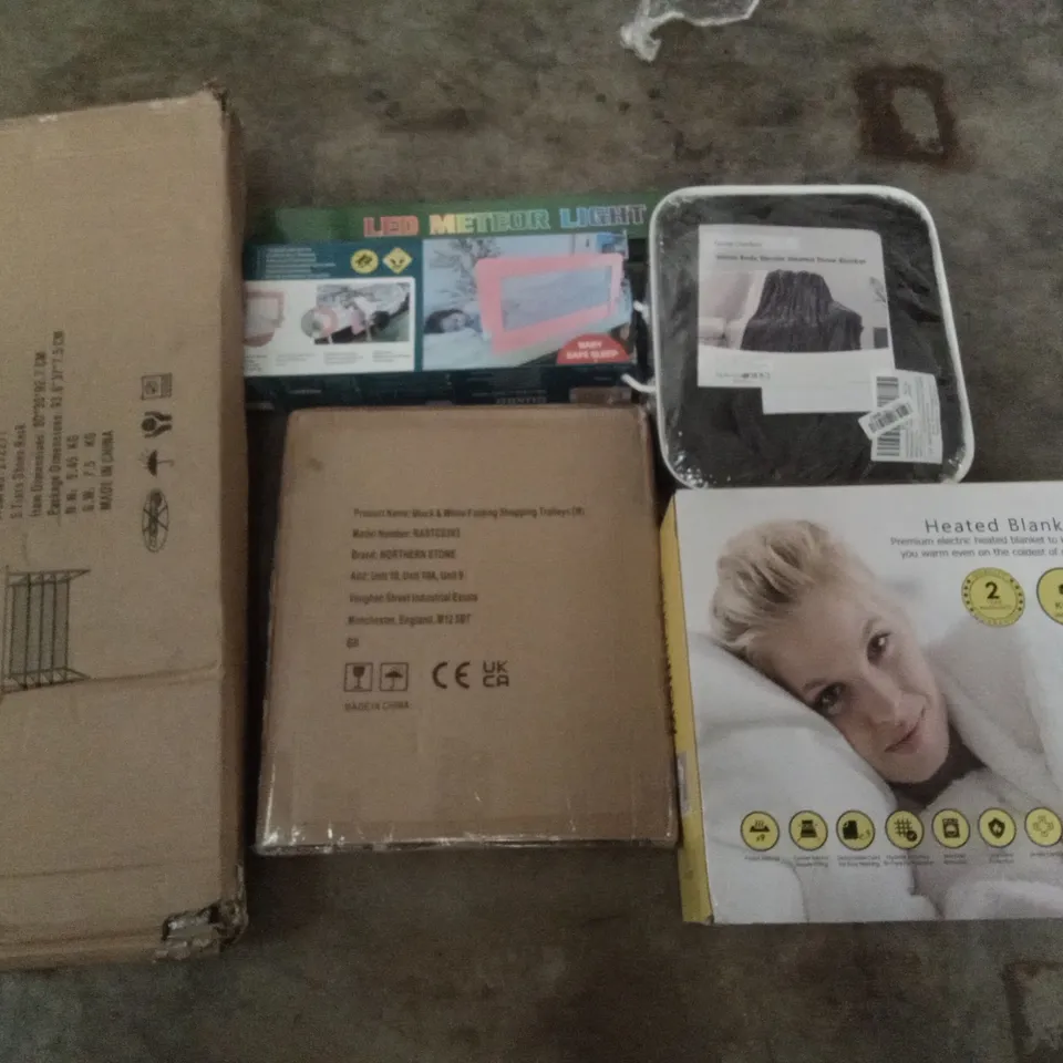 PALLET OF ASSORTED ITEMS INCLUDING HEATED BLANKET, LED METEOR LIGHT, 5-TIER SHOE RACK, FOLDING SHOPPING TROLLEYS, TATKRAFT FOLDABLE BED RAIL, HOMIDEC DRYING RACK