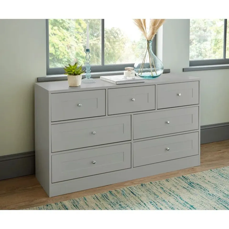 BOXED AZEEZA 7-DRAWER CHEST OF DRAWERS, GREY (2 BOXES)