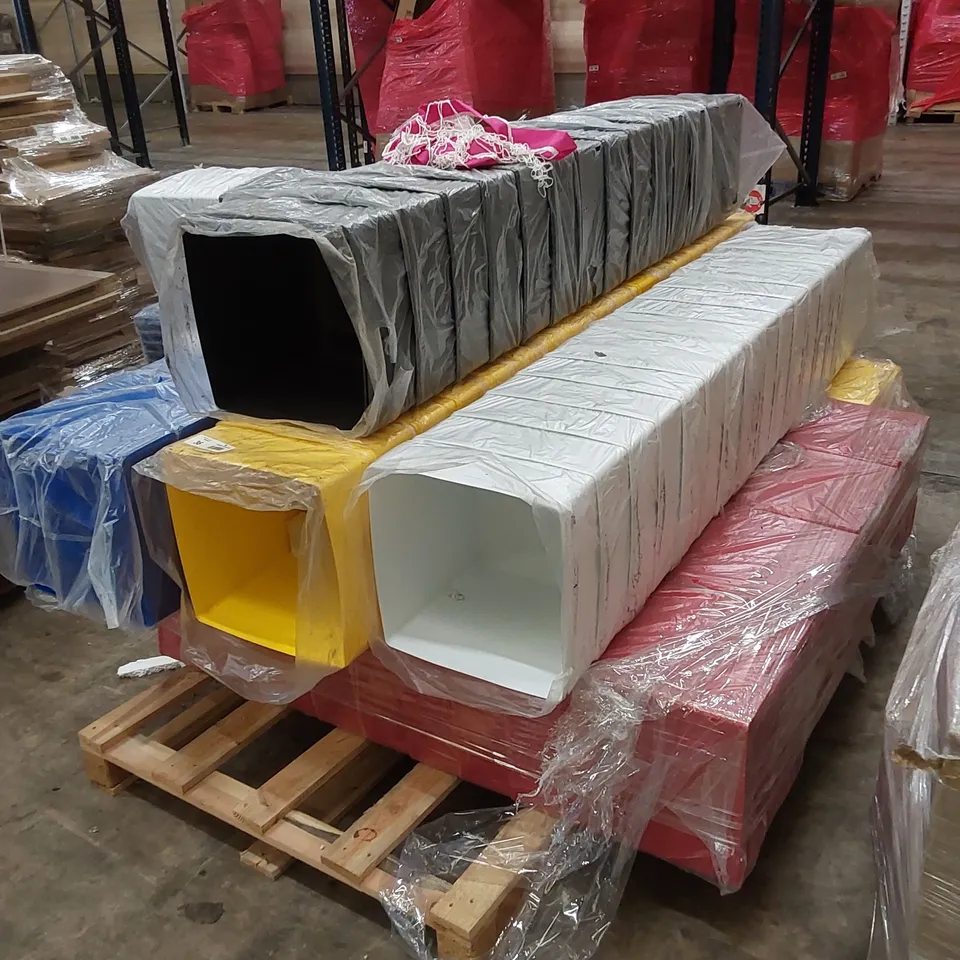 2 X PALLETS TO CONTAIN A LARGE QUANTITY OF PLASTIC STACKABLE STORAGE TUBS WITH LIDS IN 5 ASSORTED COLOURS INCLUDING; BLACK, BLUE, RED, WHITE AND YELLOW