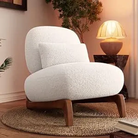 BOXED BOUCLE ACCENT CHAIR UPHOLSTERED TILTED BACK SOFA CHAIR WITH LUMBAR PILLOW & WOOD LEGS - OFF WHITE