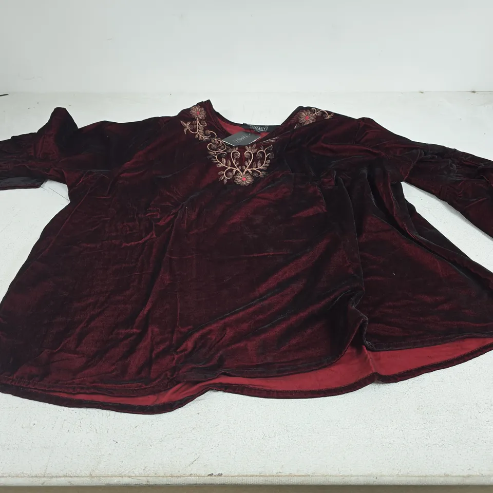 APPROXIMATELY 35 TAMSY VELVET EMBROIDERED TOPS – BURGUNDY, ONE SIZE
