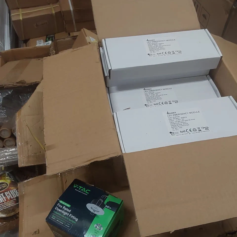 PALLET CONTAINING A VERY LARGE QUANTITY OF ASSORTED ITEMS TO INCLUDE: BRAVO LED LIGHTS, FIRE RATED DOWNLIGHT FITTINGS, SCART PLUGS, RESIDENTIAL HEAT ALARMS ECT