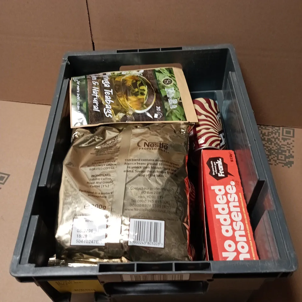 TOTE OF APPROXIMATELY 12 ASSORTED FOOD/DRINK ITEMS TO INCLUDE TIM HORTONS FRENCH VANILLA CAPPUCCINO, SWEET KREME, DR PEPPER CREAM SWIRL, KERICHO GOLD GREEN TEA MINT ETC