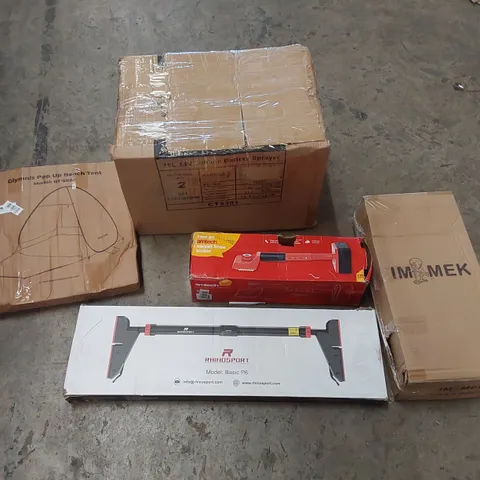 PALLET OF ASSORTED ITEMS INCLUDING: 18V LITHIUM BATTERY SPRAYER, BALANCE SCOOTER, CARPET KNEE KICKER, PULL-UP BAR, POP-UP BEACH TENT ECT