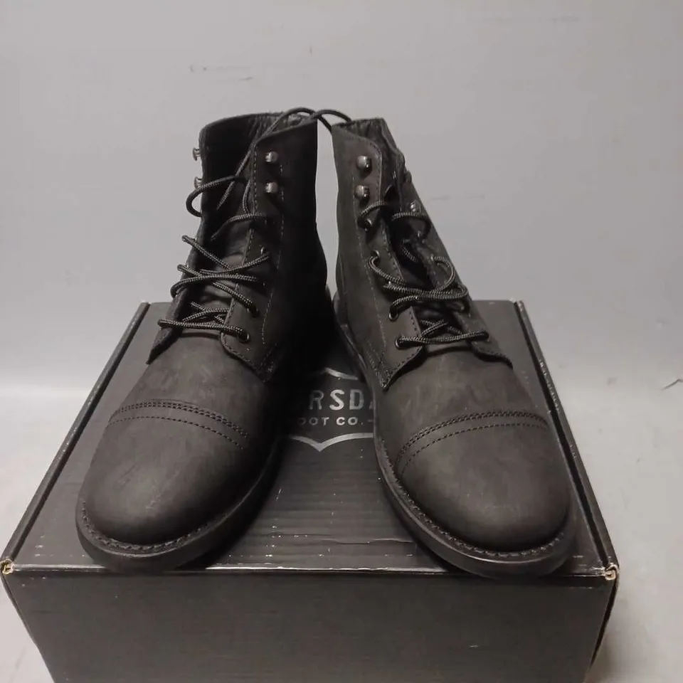 BOXED PAIR OF THURSDAY BOOT COMPANY BLACK LACE BOOTS - US 8