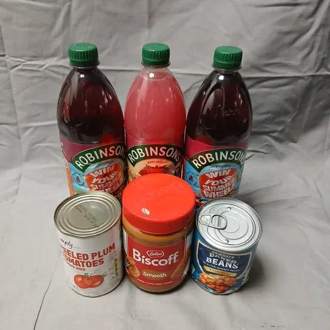 EIGHT ASSORTED PRODUCTS TO INCLUDE; ROBINSON'S SQUASH, LOTUS BISCOFF SPREAD, NEWGATE BAKED BEANS AND PEELED PLUM TOMATOES