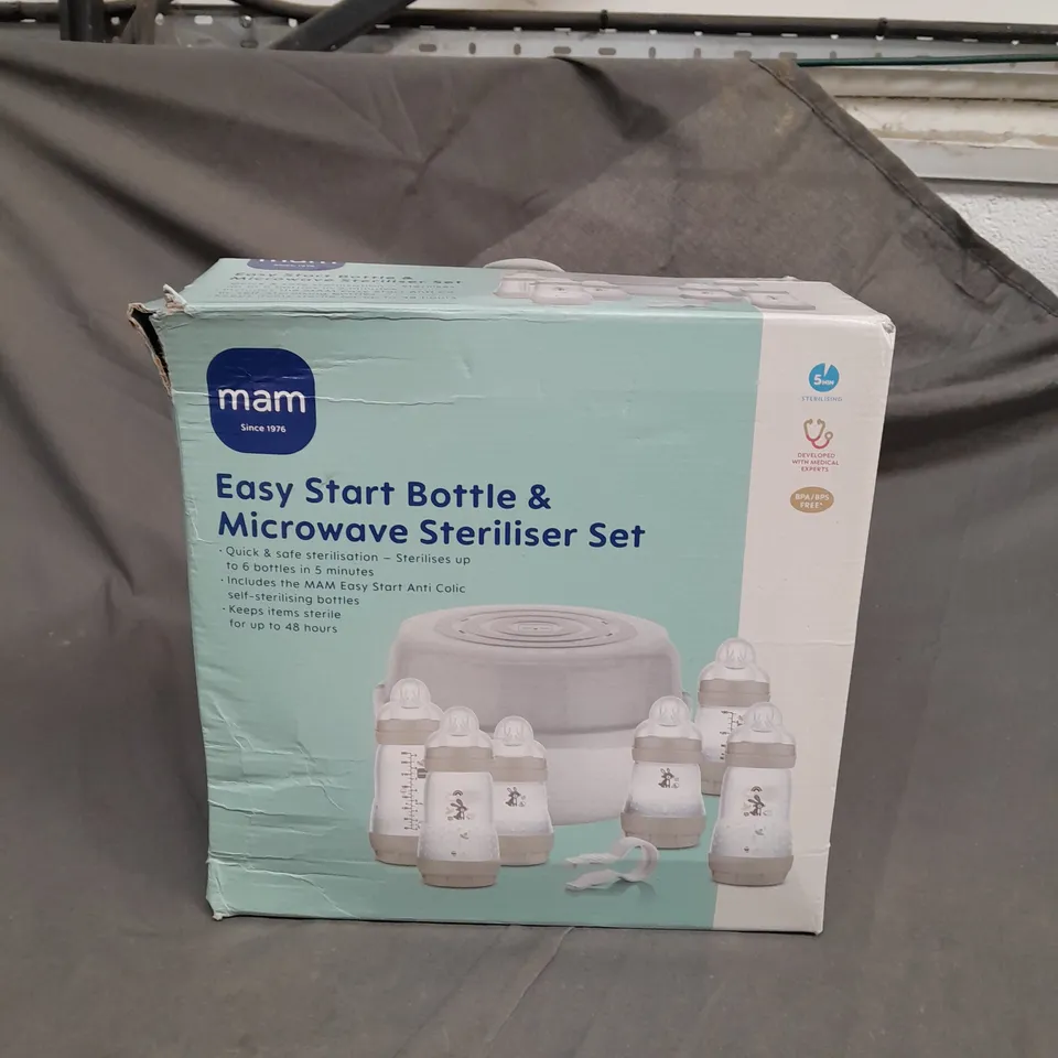 MAM MICROWAVE STEAM STERILISER & EASY START BABY BOTTLE SET RRP £78.99