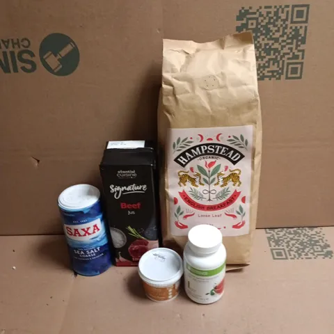 APPROXIMATELY 10 ASSORTED FOOD ITEMS TO INCLUDE - SAXA SEA SALT COARSE, BEEF JUS AND HAMPSTEAD ORGANIC LOOSE TEA