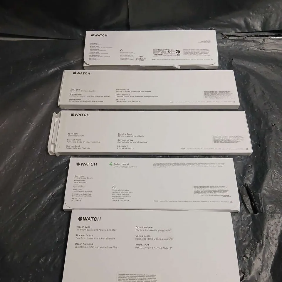 LOT OF 5 APPLE WATCH SPORT BANDS IN ASSORTED COLOURS AND SIZES
