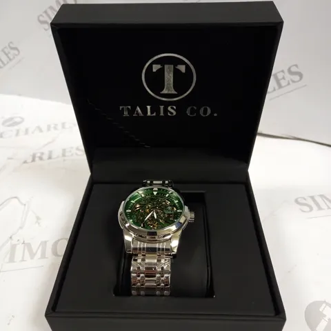 MENβS TALIS CO 7820 AUTOMATIC WATCH β GREEN SKELETON DIAL AND CASE β STAINLESS STEEL STRAP β GLASS BACKCASE