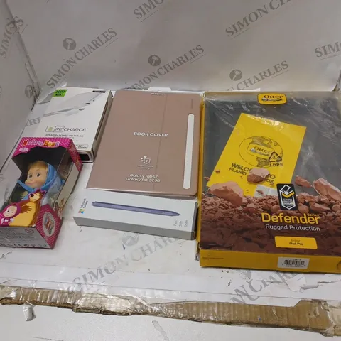 LARGE BOX OF ASSORTED ITEMS TOO INCLUDE IPAD CASES , BOOK COVERS , CHARGERS , TOYS , MICROSOFT PENS , ETC