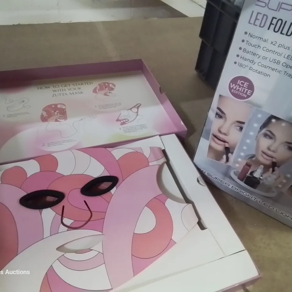 FOUR ITEMS, MAKE UP REMOVAL KIT, GENEO FACIAL DEVICE KIT, LED ZUTTA FACE MASK, BAUER LED FOLDING MIRROR